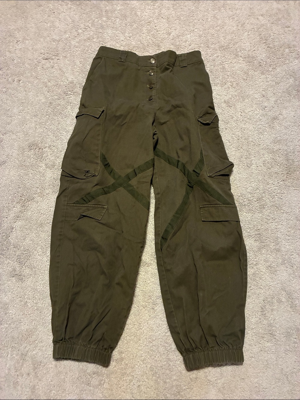 Olive Green Cropped Cargo Jeans - Ankle Length
